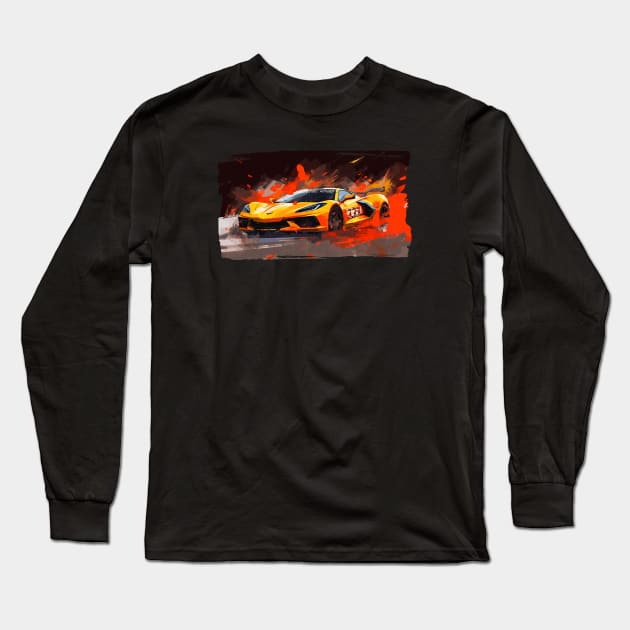 Orange C8 Corvette Racecar Splatter Art Long Sleeve T-Shirt by Tees 4 Thee